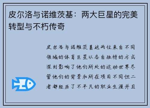 皮尔洛与诺维茨基：两大巨星的完美转型与不朽传奇