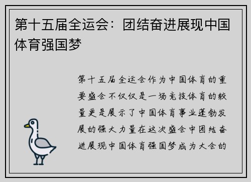 第十五届全运会：团结奋进展现中国体育强国梦